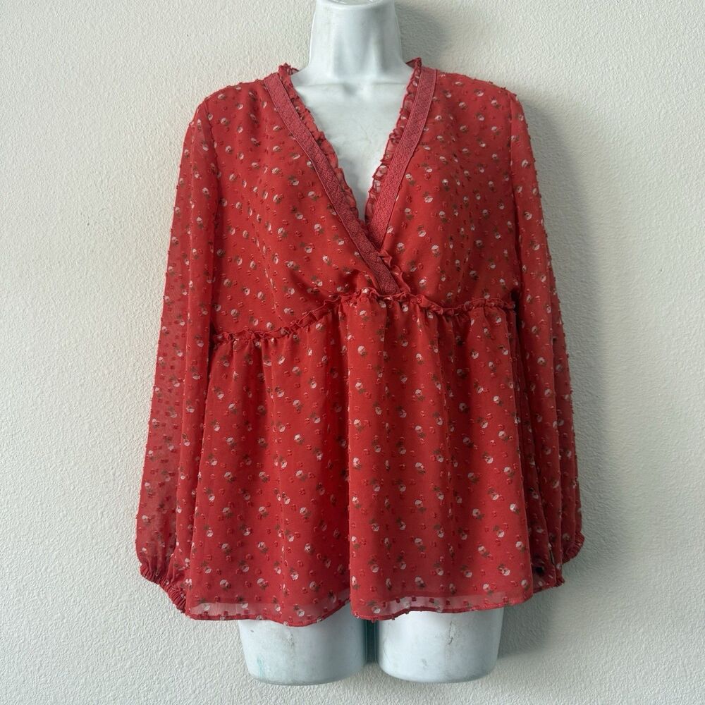 Matilda Jane Must Be Love Red Swiss Dot Floral V-Neck Blouse Peplum Top Size XS